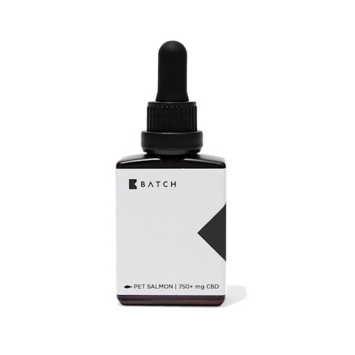 A dropper bottle of BATCH Pet CBD Oil Tincture in the Salmon flavor